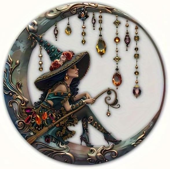 8x8 Inch 2D Flat Moonlit Witch Acrylic Ornament with Hanging Rope