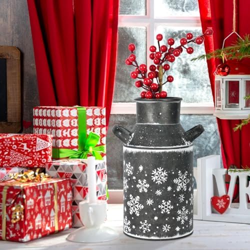 Galvanized Gray Metal Vase with Snowflake Design