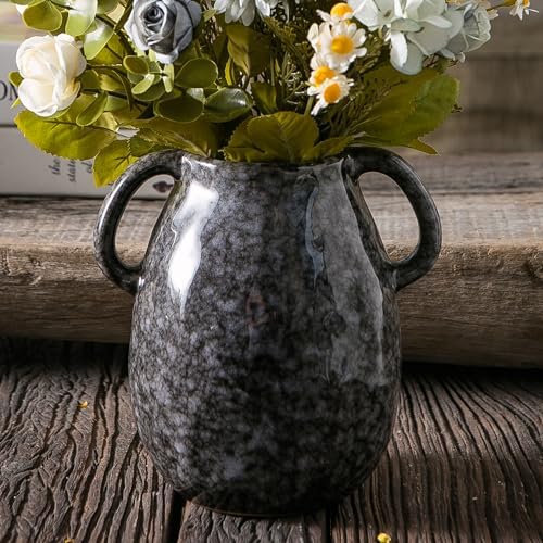 Black Ceramic Vase with 2 Handles 7 Inch Tall