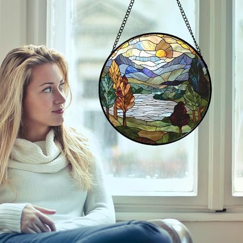 Stained Glass Window Hanging Blue Green Mountains Lake Landscape Suncatcher