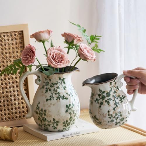 Vintage Green Floral Ceramic Pitcher Vase with Handle