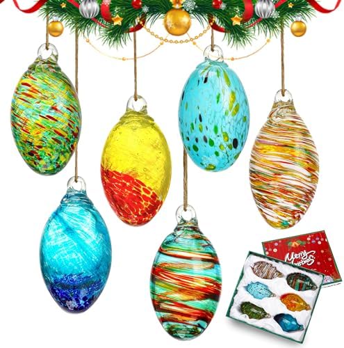 Set of 6 Hand Blown Glass Egg Ornaments for Home and Christmas Decor