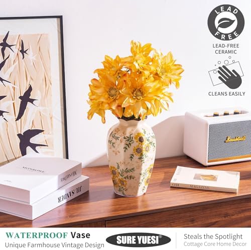 Hand-Painted Sunflower Vintage Ceramic Octagonal Vase 91 in