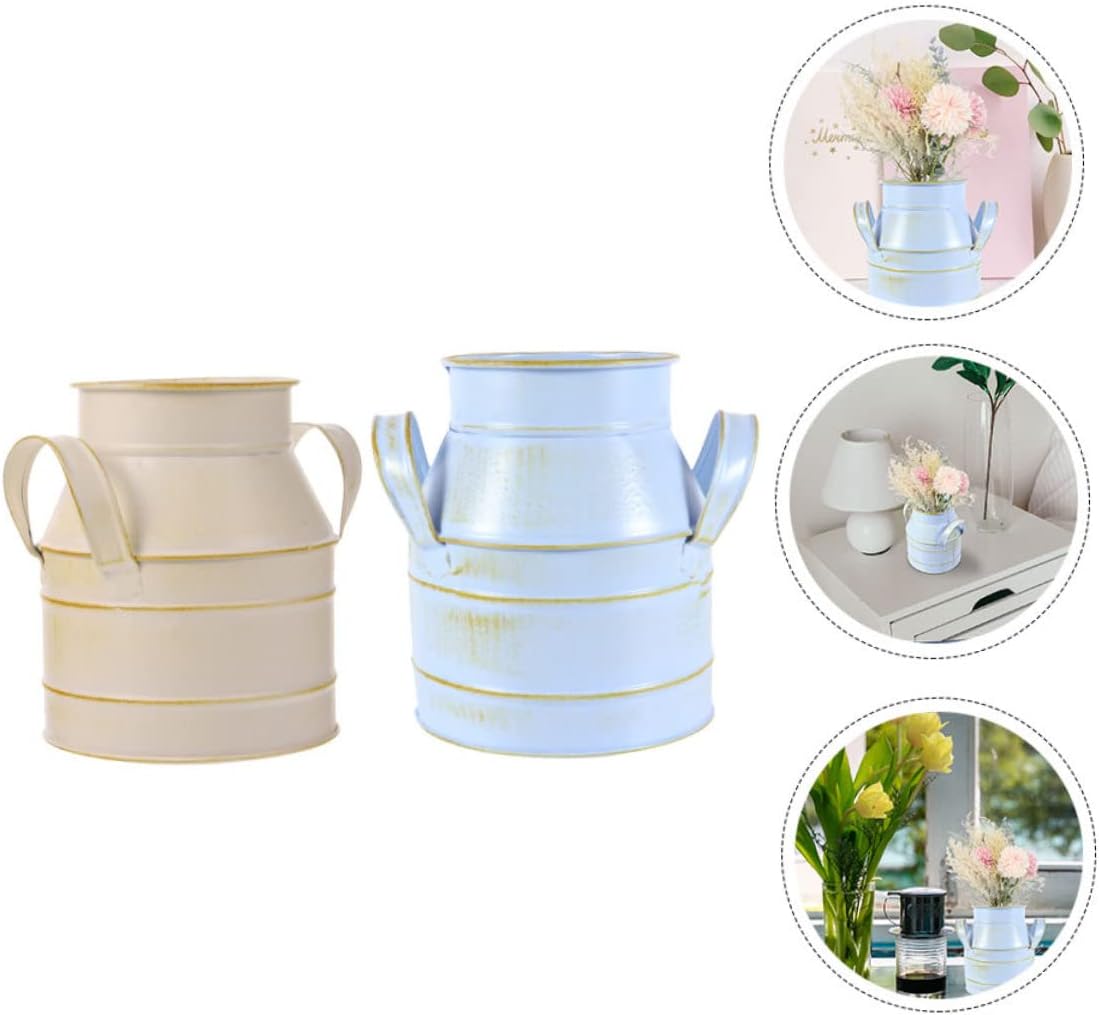 Cabilock 2pcs Retro Style Desktop Flower Bucket with Double Ears Iron Decorative Vase
