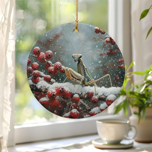 Snowy Berry Praying Mantis 3 Ceramic Ornament for Home Decor