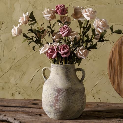 Rustic Ceramic Farmhouse Flower Vase with 2 Handles