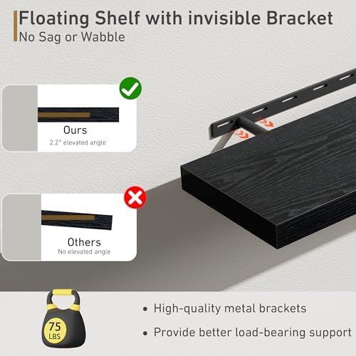 Fun Memories Floating Shelves - 48 W x 9 D x 16 H Rustic Black Wall Mounted Display Shelf