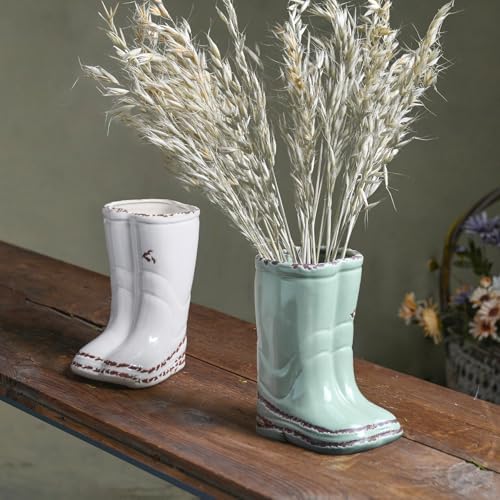 Quoowiit Vintage Boot Shaped Flower Vase Green Distressed Ceramic Decor