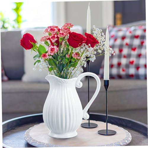 Angoily White Striped Ceramic Pitcher Vase with Handle
