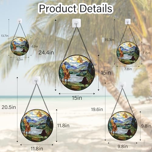 Stained Glass Window Hanging Blue Green Mountains Lake Landscape Suncatcher