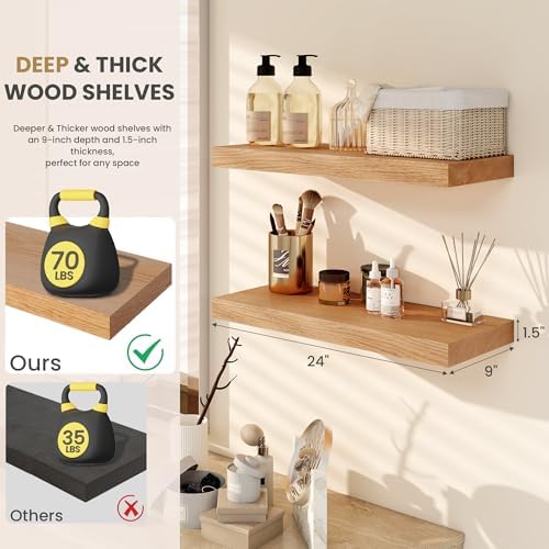 RICHFOCUS 24 Inch Solid Oak Floating Shelf for Wall