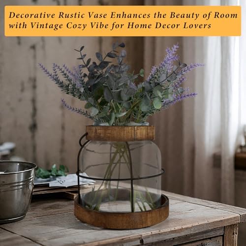 Vintage Glass Vase with Wood Frame and Metal Handle