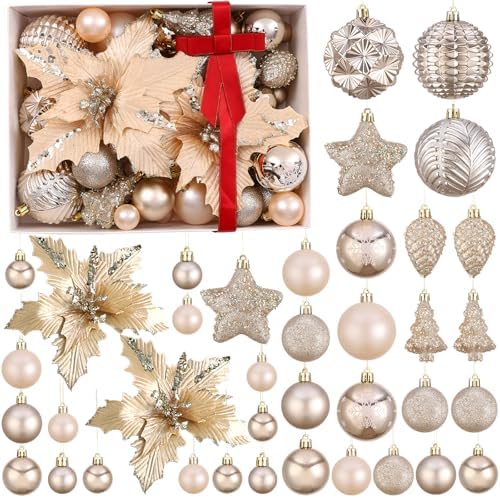 54Pcs Assorted Champagne Gold Xmas Tree Balls Ornaments Set