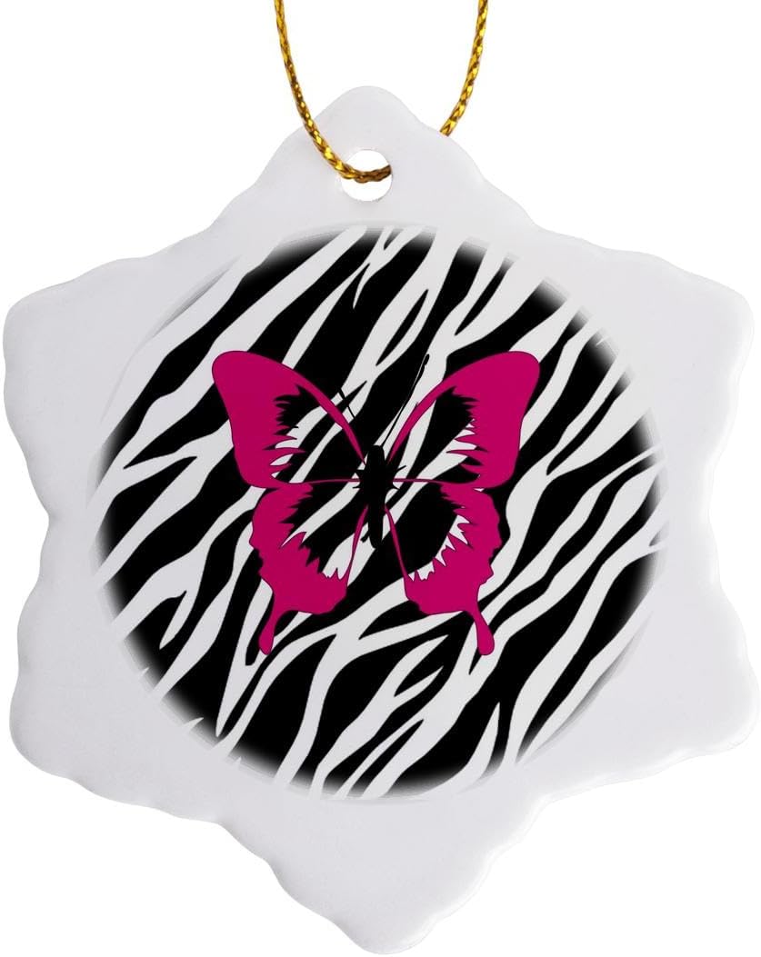 3dRose Trendy Fuchsia Butterfly Zebra-Snowflake Ornament 3 Inch Porcelain