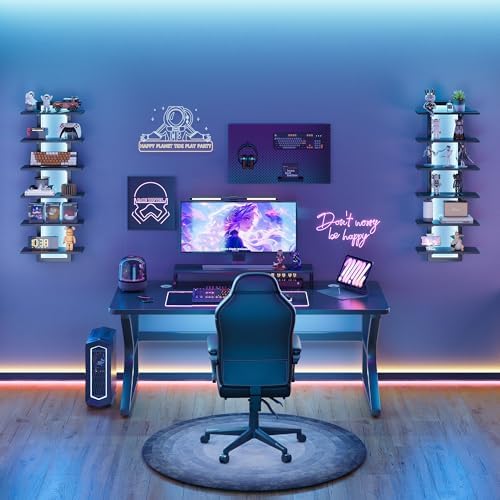 6 Tier Wall Shelf with LED Light Black Floating Shelf Unit for Home Decor and Storage