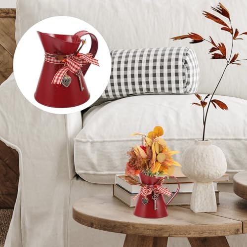 Uonlytech Vintage Dark Red Galvanized Metal Pitcher Holder Vase
