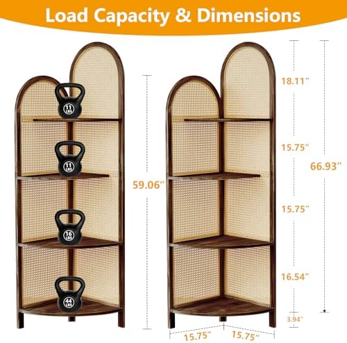 4 Tier Corner Shelf Dark Brown Rattan Bookshelf with Legs