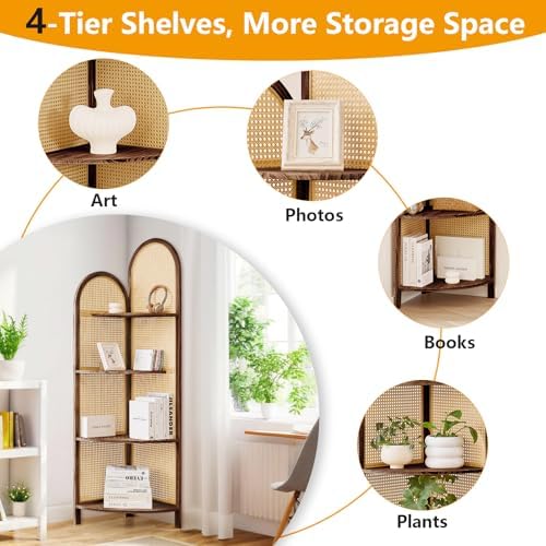 4 Tier Corner Shelf Dark Brown Rattan Bookshelf with Legs