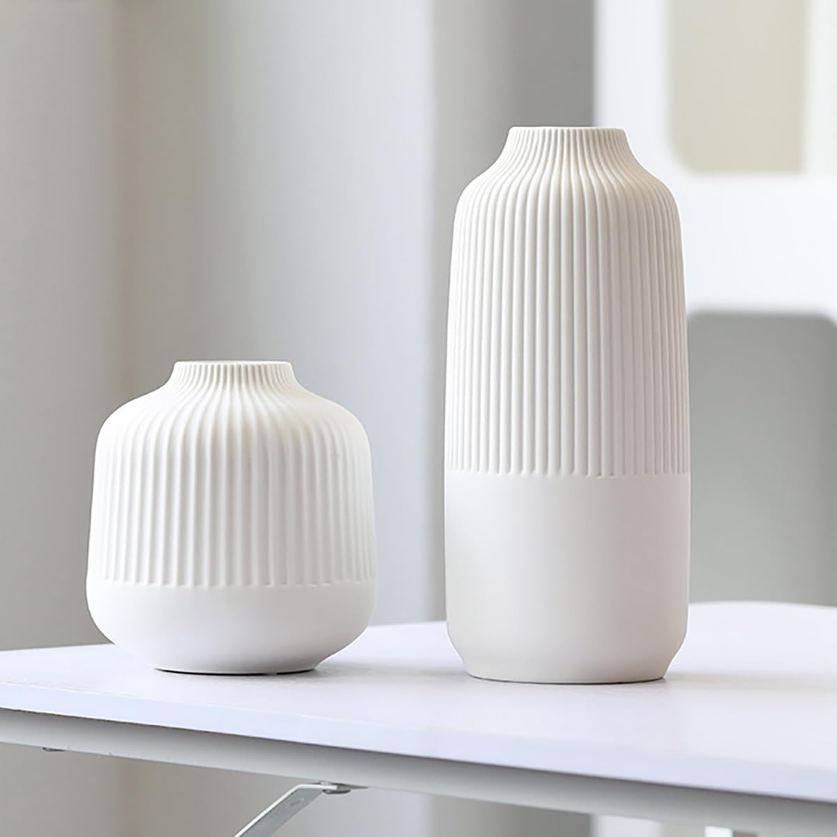Matte White Stripe Ceramic Vases Set of 2 for Home Decor