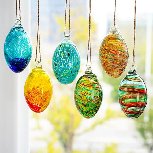 Set of 6 Hand Blown Glass Egg Ornaments for Home and Christmas Decor