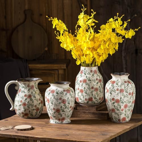 Green and Beige Vintage Round Ceramic Vase with Red Roses