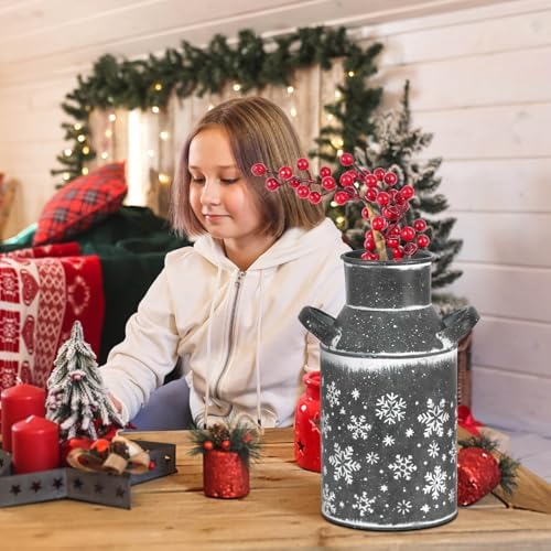 Galvanized Gray Metal Vase with Snowflake Design