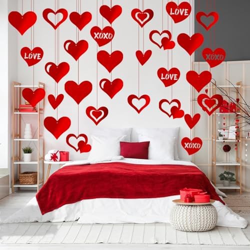 Red Glitter Heart Hanging Decorations 30 Pcs Foil Valentine Set