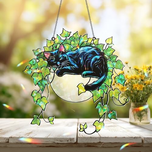 Whimsical Black Cat Stained Glass Suncatcher