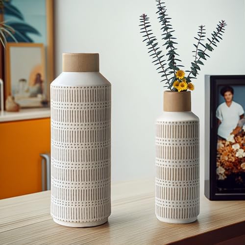 LIZOFER Rustic Ceramic Vase Set of 2 for Living Room Bedroom Farmhouse Decor