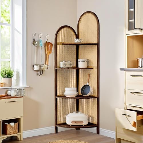 4 Tier Corner Shelf Dark Brown Rattan Bookshelf with Legs