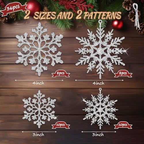 36Pcs Silver Glitter Snowflake Decorations for Christmas Tree