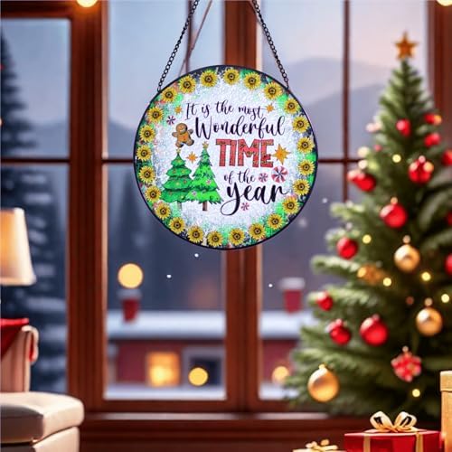 Hand-Painted Christmas Stained Glass Window Hanging Suncatcher