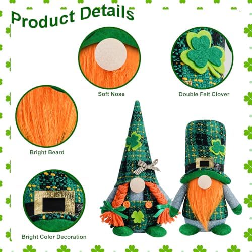 2 Pcs St Patricks Day Gnome Decor Set Green Hats with Shamrocks Irish Home Office Hanging Ornament