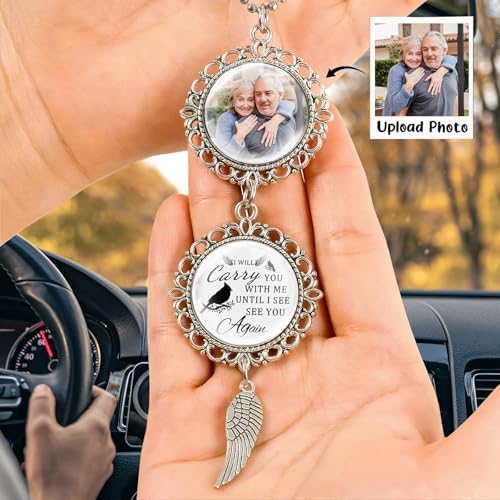 Personalized Angel Wing Car Charm - Custom Photo Text Memorial Gift
