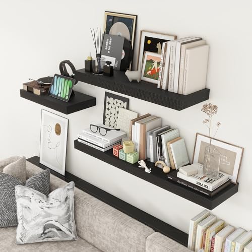 Deep Floating Shelves Set of 2 36 Inch Distressed Black Wood Shelves for Home Office and Living Room