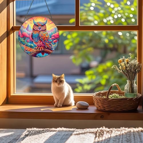 Stained Glass Window Hanging Owl Suncatcher Decor