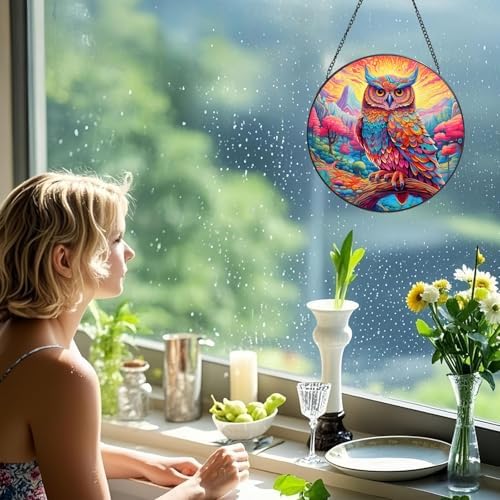Stained Glass Window Hanging Owl Suncatcher Decor