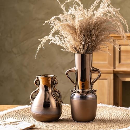 Gold Ceramic Vase with Handles 11 Inch