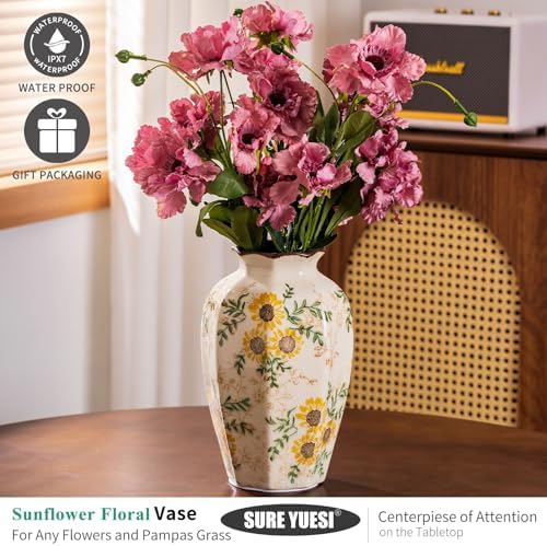 Hand-Painted Sunflower Vintage Ceramic Octagonal Vase 91 in