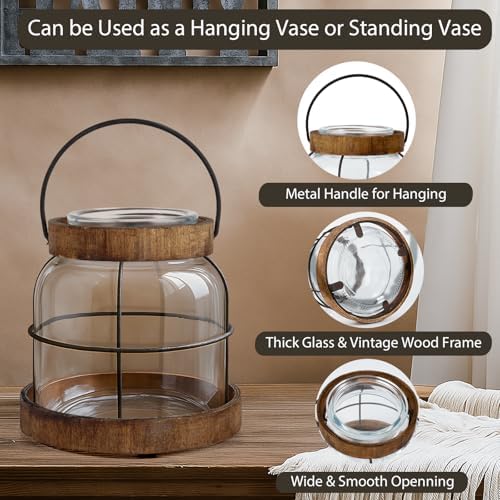 Vintage Glass Vase with Wood Frame and Metal Handle