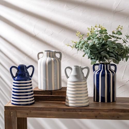 Ceramic Blue and White Striped Vase with Handles