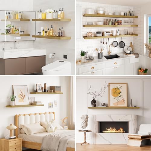 Heimlove 48 Floating Shelf Set of 2 Oak Wood Wall Mount Shelves