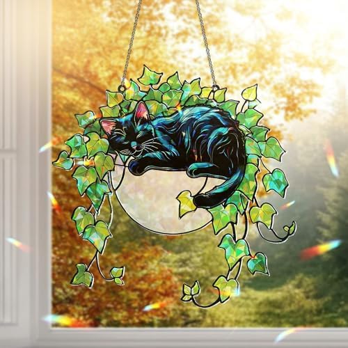Whimsical Black Cat Stained Glass Suncatcher