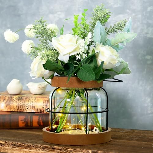 Farmhouse Vase with Artificial Flowers and Fairy Lights