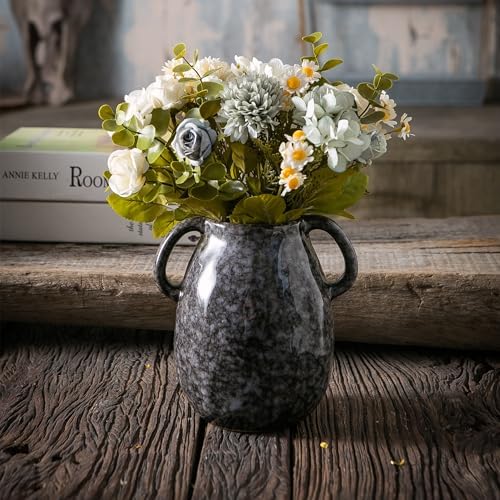 Black Ceramic Vase with 2 Handles 7 Inch Tall