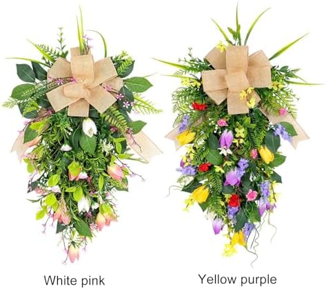 Spring Flower Wreath for Front Door Teardrop Swag with Artificial Tulips