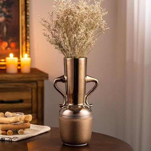 Gold Ceramic Vase with Handles 11 Inch