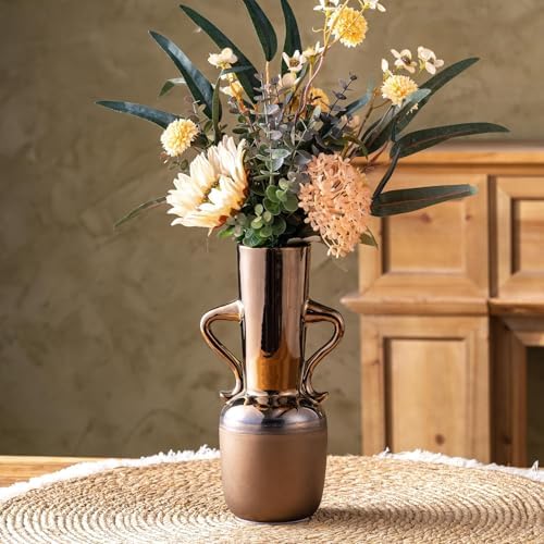 Gold Ceramic Vase with Handles 11 Inch