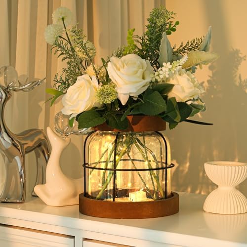 Farmhouse Vase with Artificial Flowers and Fairy Lights