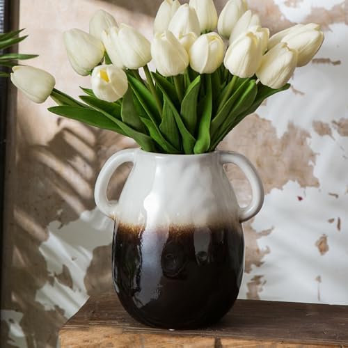 7 Inch White Gradient Ceramic Vase with 2 Handles